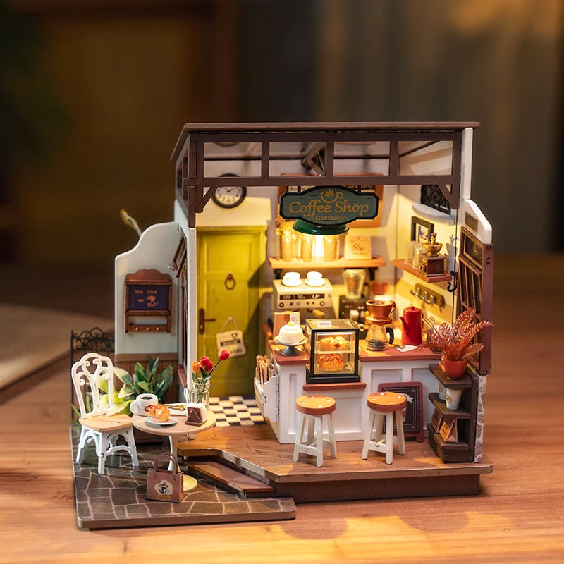 Robotime Rolife No.17 Café Miniature House Kit for Kids Adults DIY Dollhouse  3D Wooden Assembly Building Toys Home Decoration