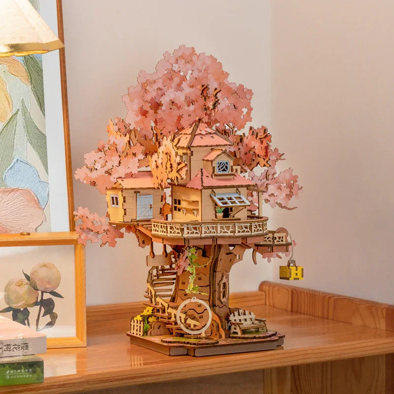 Robotime Rolife Sakura Tree House 3D Puzzles DIY Model Building Toy Wooden Craft Kits Hobby for Kids Brain Teaser Gift