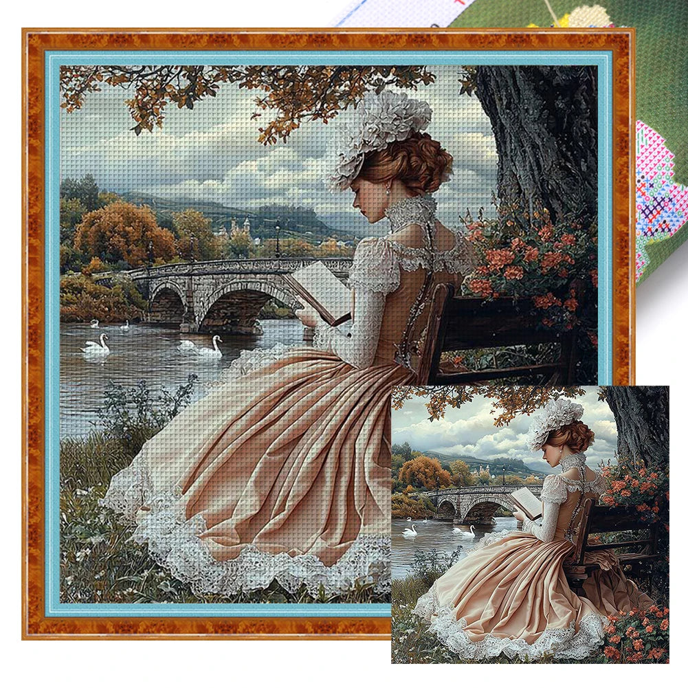 Full Embroidery Eco-cotton Thread 11CT Printed Girl Cross Stitch Kit Art 50x50cm