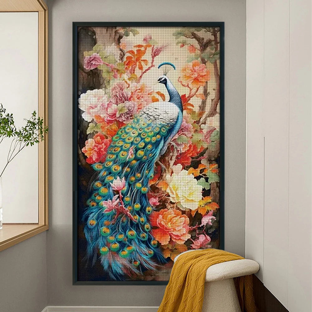 Full Embroidery cotton Thread 16CT Print Peacock Peony Cross Stitch 73x119cm
