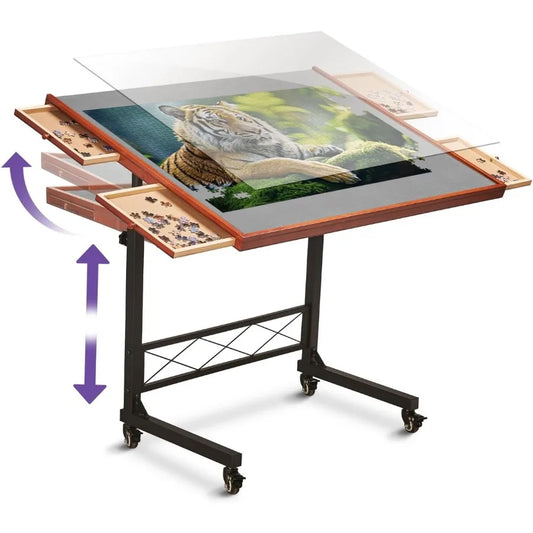 Jigsaw Puzzle Table Rolling Desk 1500 Piece Puzzle Board Portable Jigsaw Tables with Drawers and Legs Height Adjustable for Adu