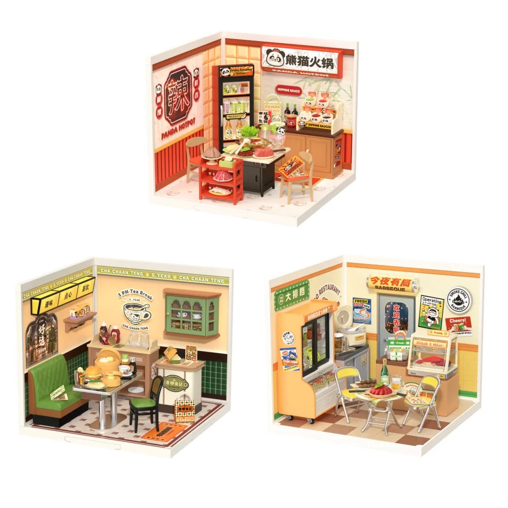 Robotime Rolife DIY Miniature House Kit Model Building Craft Kit with LED for Adults Kids Panda Hot Pot and Night Out Food Stall