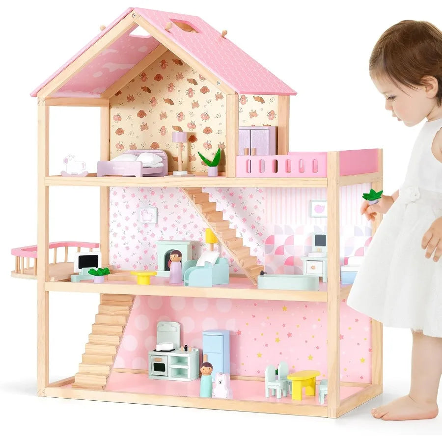 Large Pink Wooden Dollhouse 7Room 3Story Doll House with 38Pc Furniture and Accessories Balcony Montessori Pretend Play Gift fo
