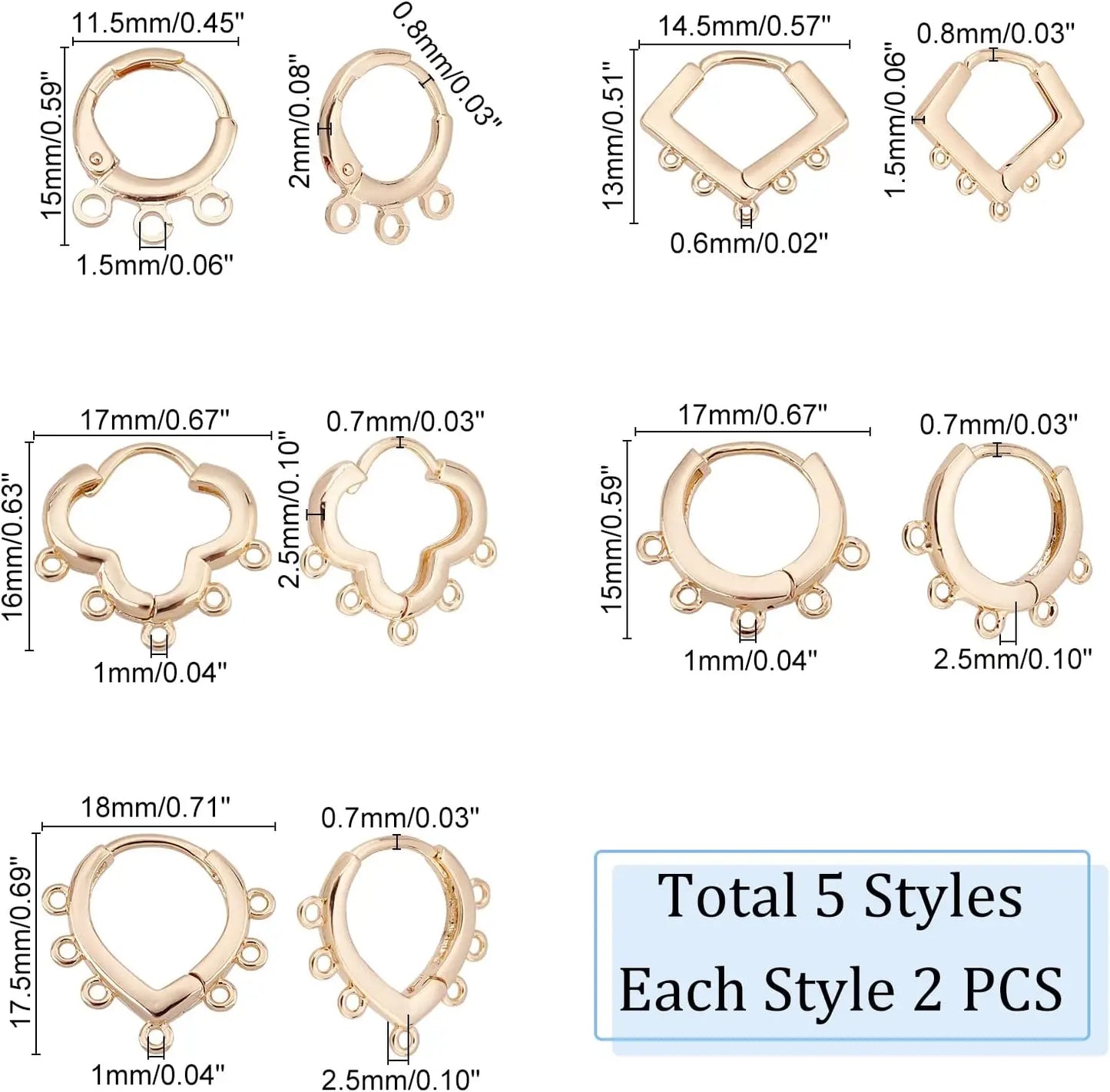 PandaHall 14K Gold Plated Huggie Hoop Earrings 5 Pairs Multihole Hooks Brass Stud Findings Leverback for Women DIY Jewelry Makin