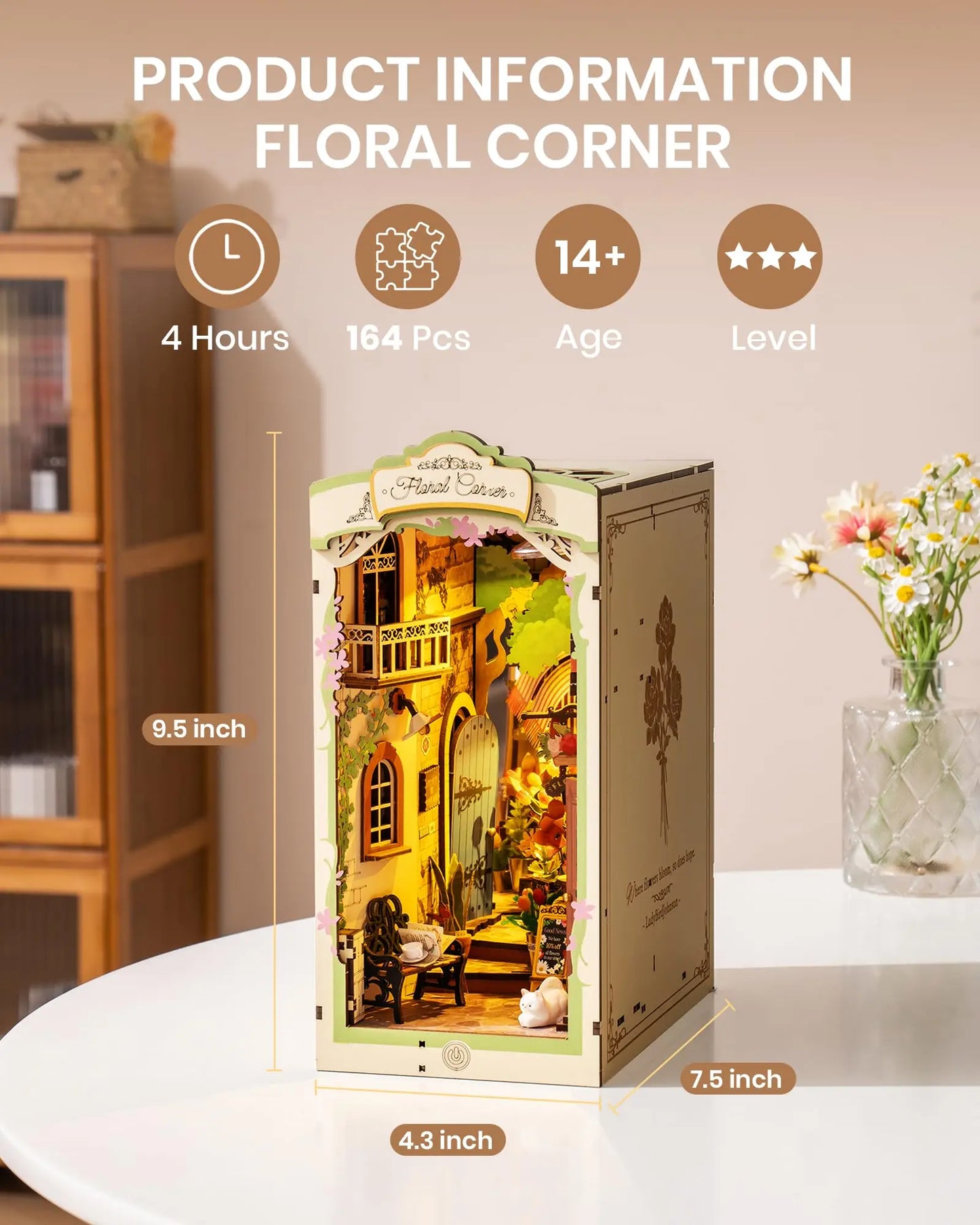 Robotime Rolife Floral Corner Book Nook 3D Wooden Toys Home Book Shelf Decoration DIY Miniature House Gifts for Family