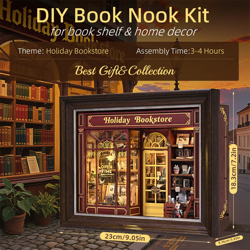 Book Nook Kit Holiday Bookstore DIY 3D Wooden Puzzle Dollhouse Photo frame ornament Model Bookend Building Home Decoration