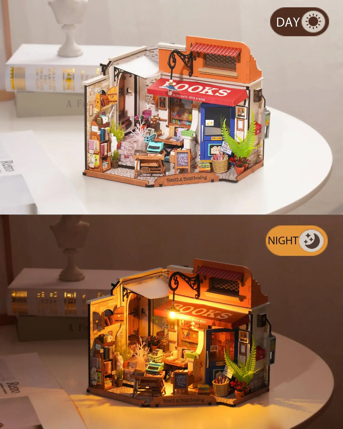 Robotime Miniature House Kit DIY Dollhouse Corner Bookstore with LED DIY Dollhouse Craft Kits for Adults Birthday for Women Kids