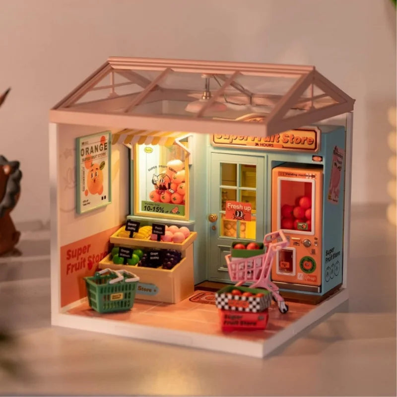 Robotime DIY Miniature Dollhouse Kit with Accessories Model Supply Store Kit with LED to Build Decent Birthday Gift