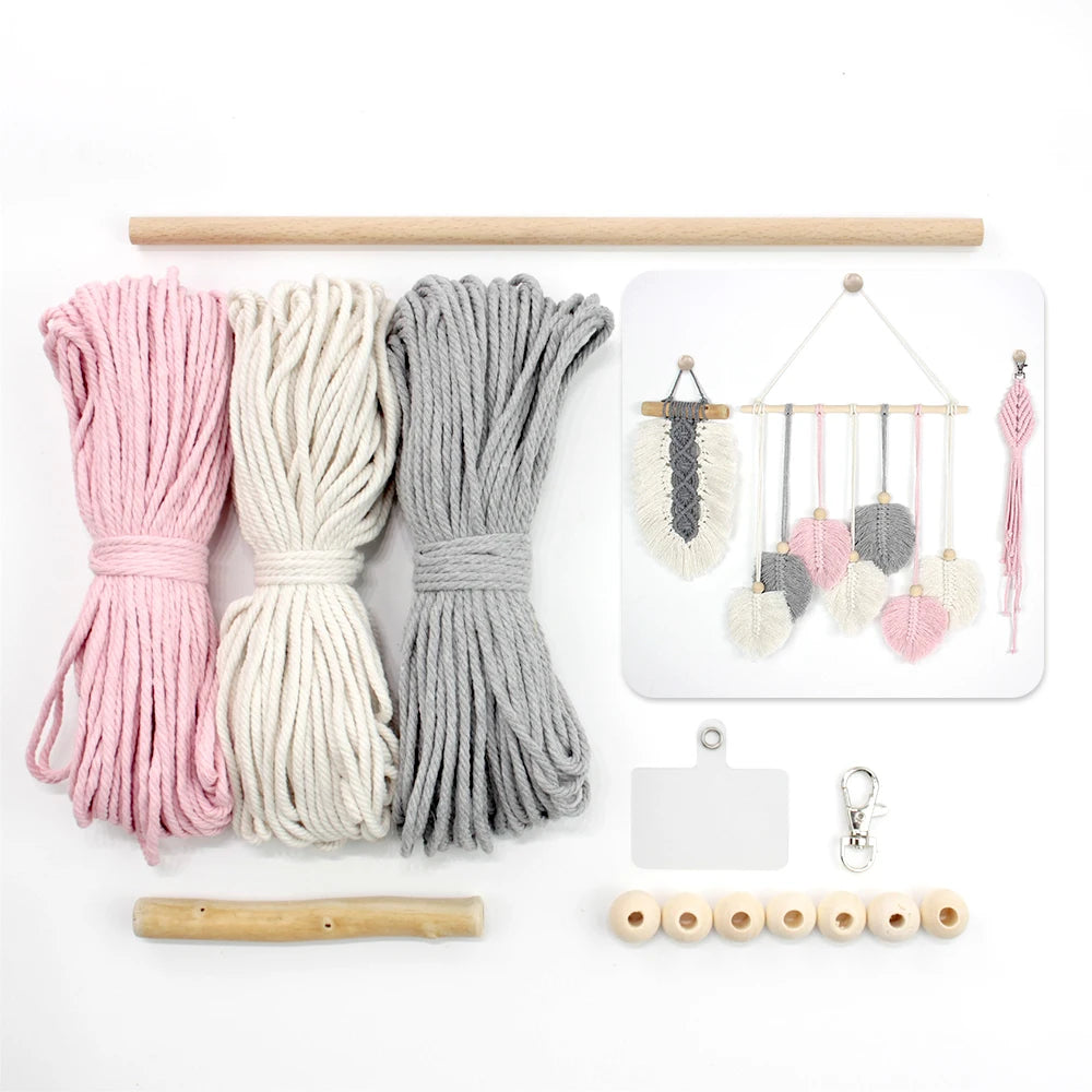 3pcs Handmade Knitting Leaf Combo Macrame Kit with Tutorial For Beginners Hand DIY Keychain Tapestry for Home Decor Wall Hanging