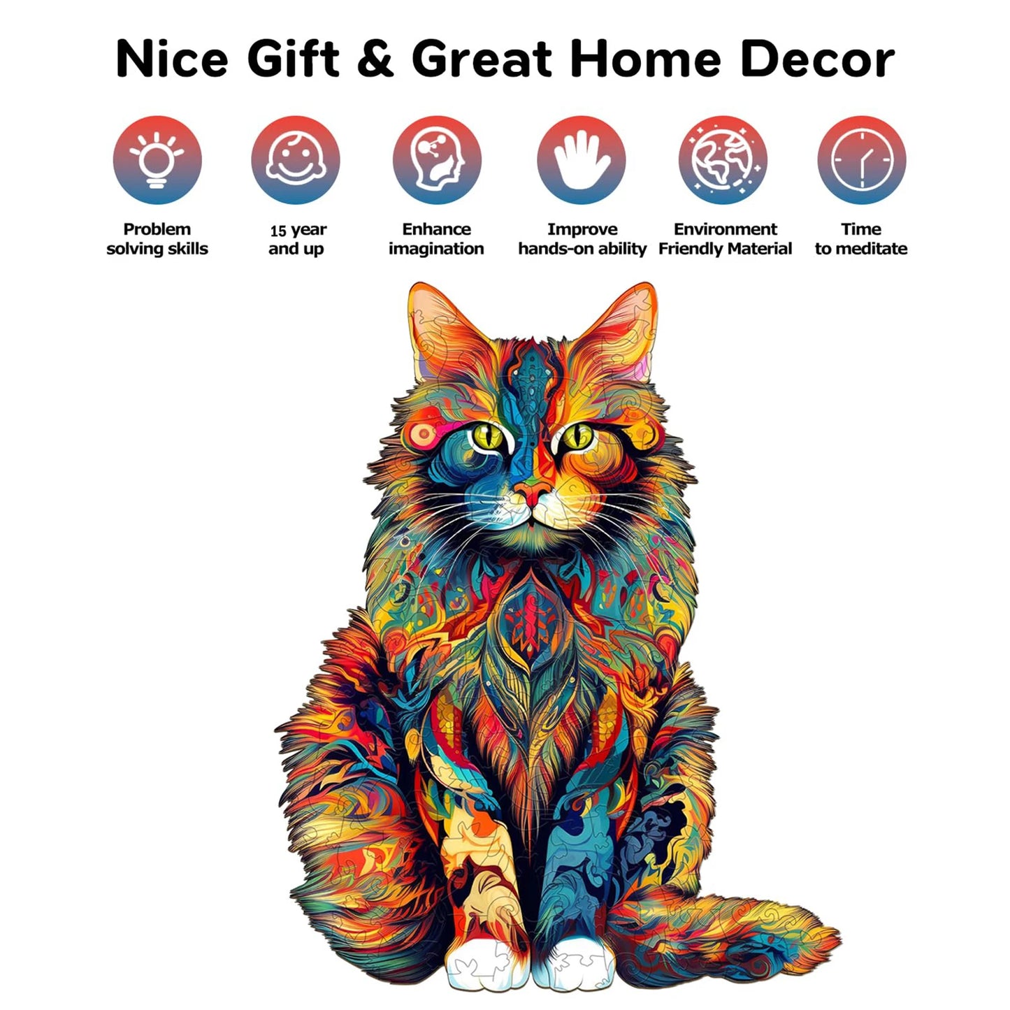 Wooden Cat Puzzle 29x36cm Art Jigsaw for Kids, Irregular Cat Pattern Wooden Puzzle Family Activity Gift