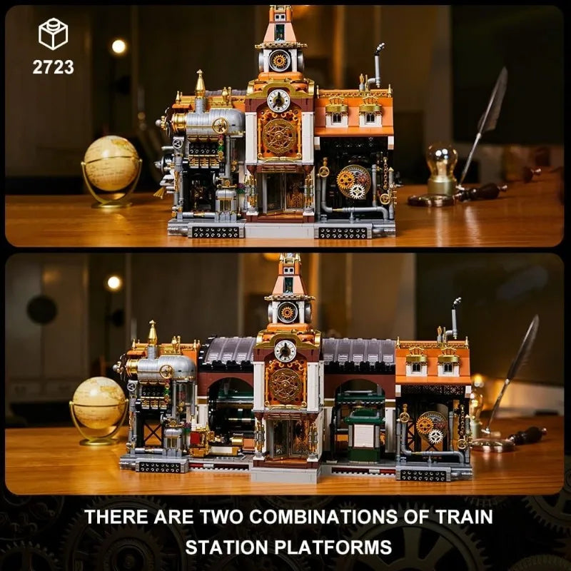 2788PCS MOC Steampunk Railway Station Large Building Blocks Mechanical Train Station Model Desktop Decoration DIY Toys Kids Gift