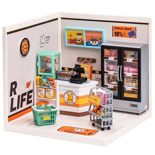 Robotime DIY Miniature Dollhouse Kit with Accessories Model Supply Store Kit with LED to Build Decent Birthday Gift