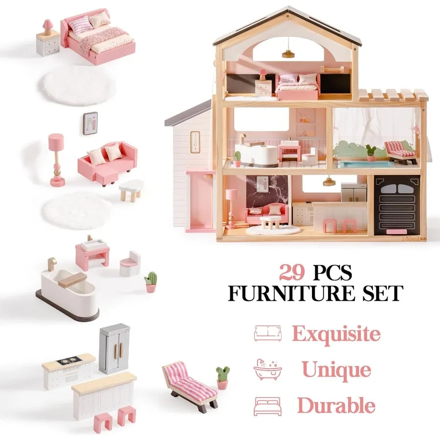 Doll House, Wooden Dollhouse with 6 Rooms, 29-pcs Furniture Set, Working Elevator, Garage, Swimming Pool, Ideal Gift for Kids Ag