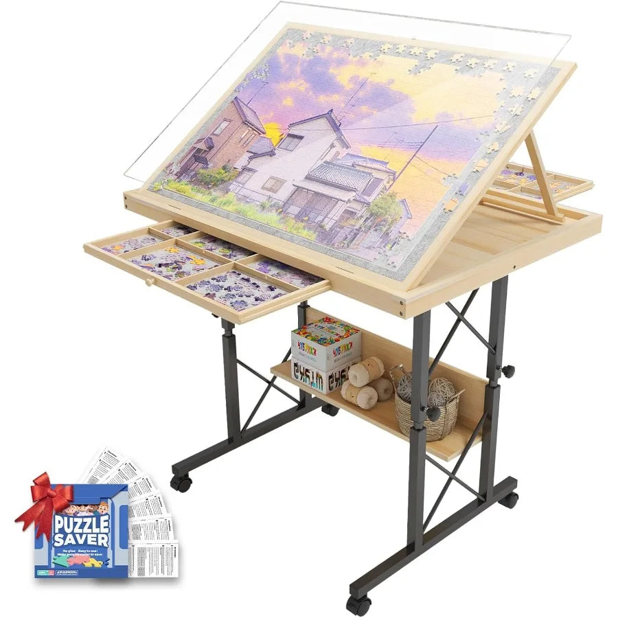1500 Piece Jigsaw Puzzle Table with Legs for Adults 5TiltingAngle and Height Adjustable Table with Draws Wooden Puzzle Board wi