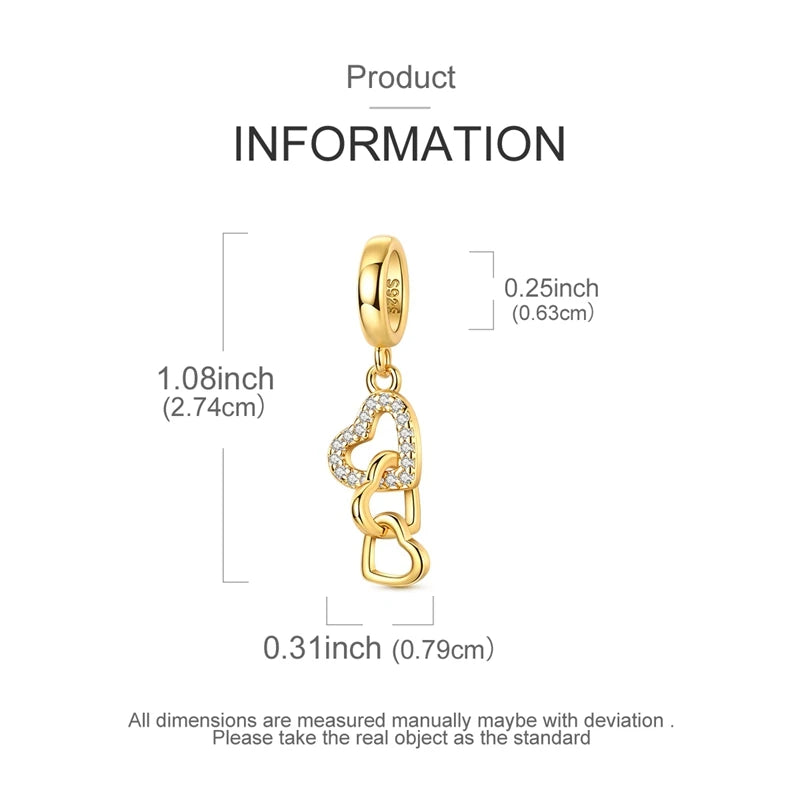 Abalorios con Circonita Cúbica y Borla de Corazón Dorado – Plata de Ley 925, Compatible con Pulsera Original