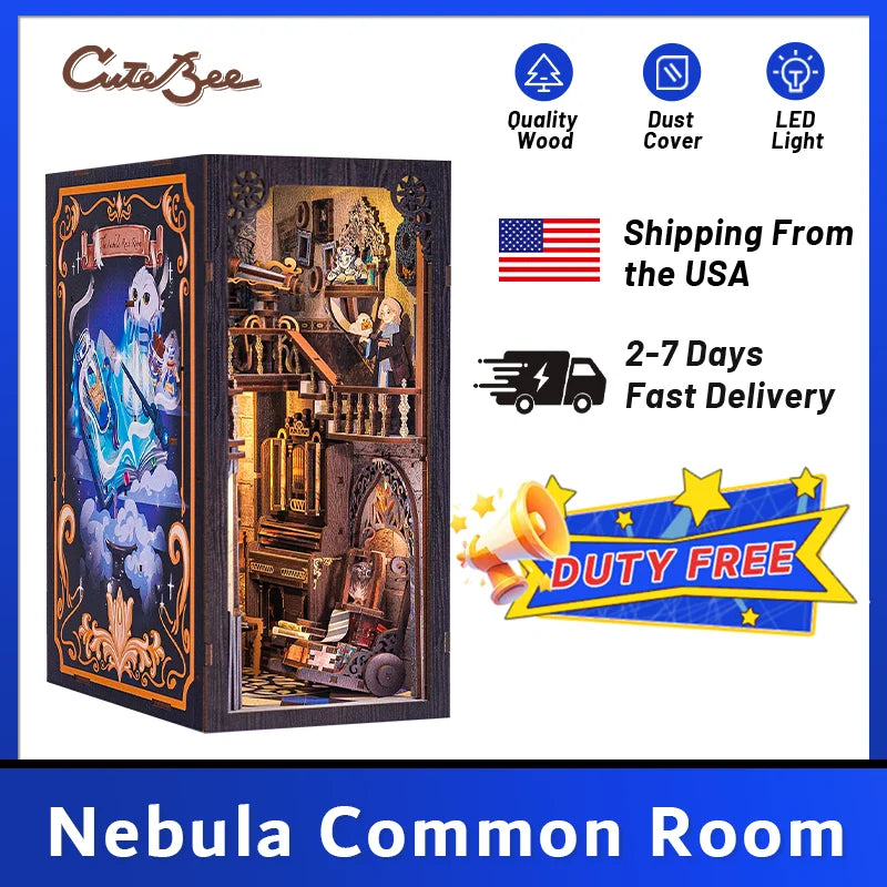 CUTEBEE DIY Book Nook Miniature Doll House With Touch Light Dust Cover Gift Ideas Bookshelf Insert Toys Gifts Nebula Common Room