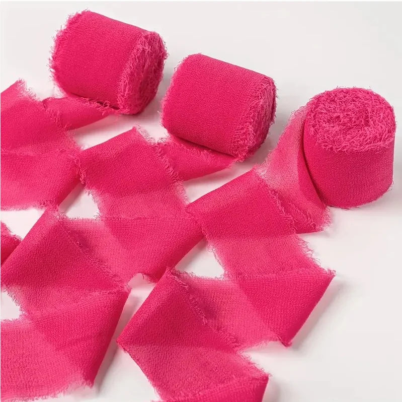 3 Roll/set 5m Frayed Edged Satin Handmade Chiffon Silk Ribbon For Wedding Invitation Bouquets Birthday Party DIY Decoration Gift