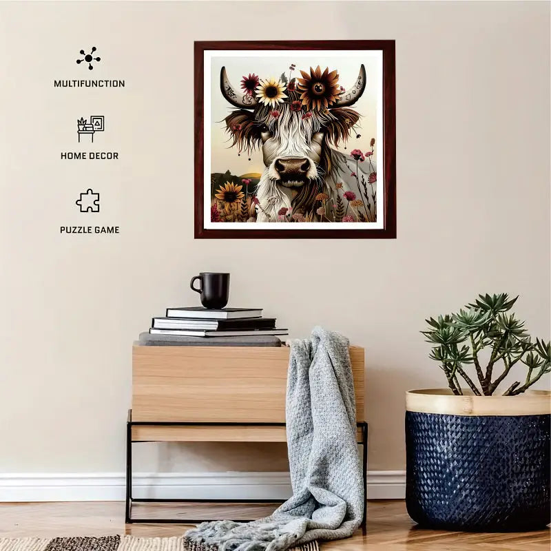 Sunflower Yak Wooden Jigsaw Puzzle - Animal-Shaped Natural Wood Advanced Level Challenge for Adults & Teens, Vibrant Floral Art