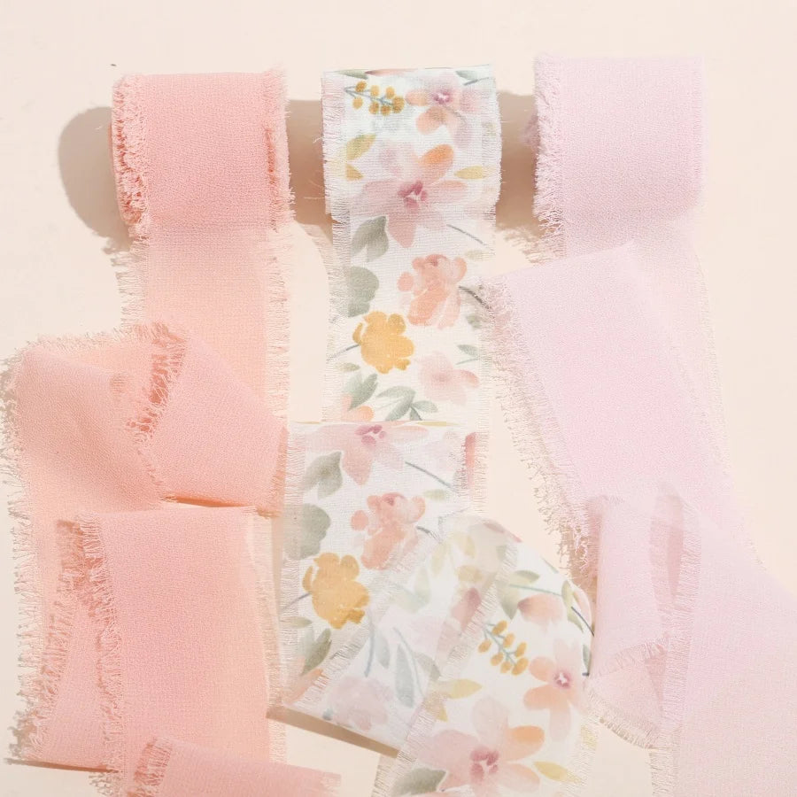 3 Roll/set 5m Frayed Edged Satin Handmade Chiffon Silk Ribbon For Wedding Invitation Bouquets Birthday Party DIY Decoration Gift