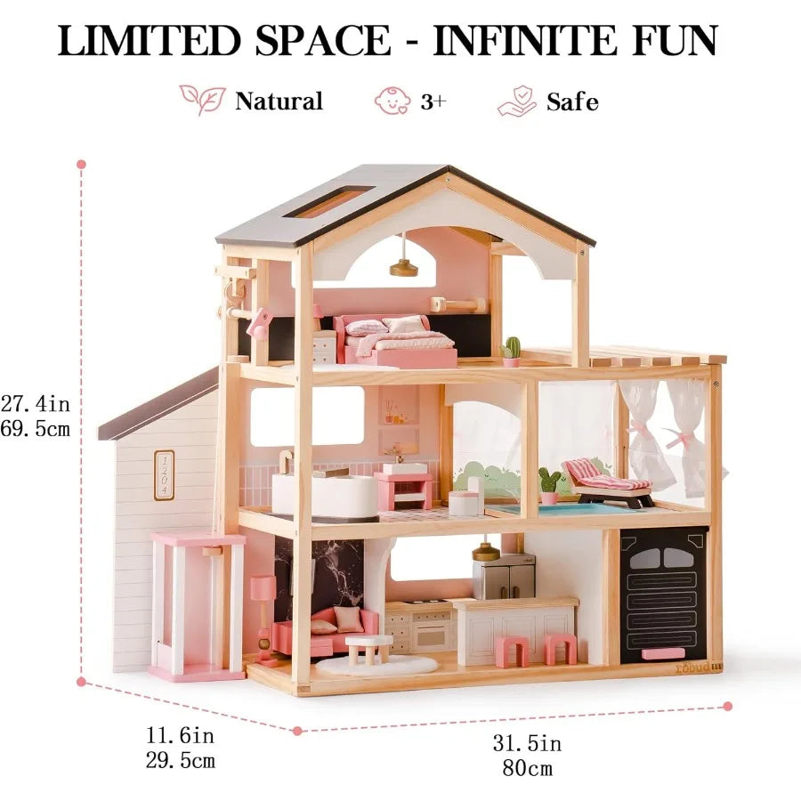 Doll House, Wooden Dollhouse with 6 Rooms, 29-pcs Furniture Set, Working Elevator, Garage, Swimming Pool, Ideal Gift for Kids Ag