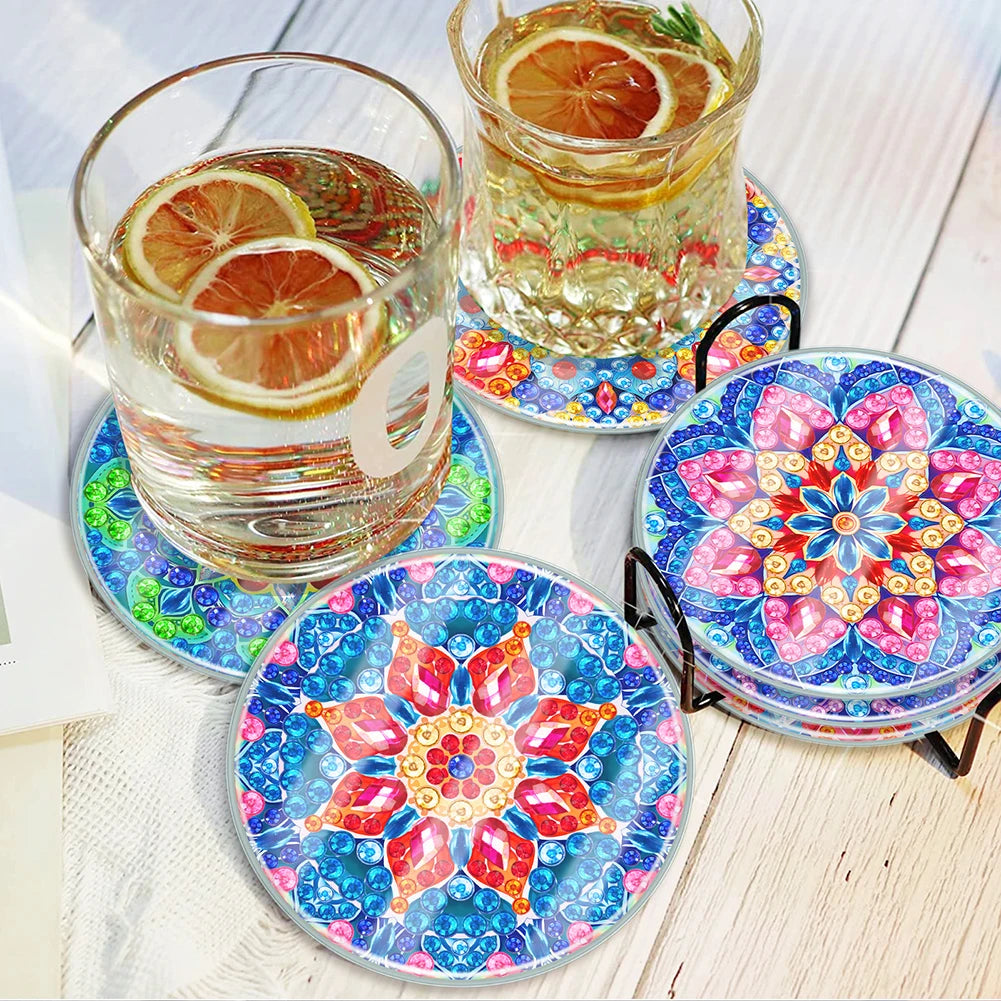6PCS Diamond Painting Art Coaster Kit Mandala Acrylic Small Monster Washable with Holder for Adults Kids Beginner Gift Supplies