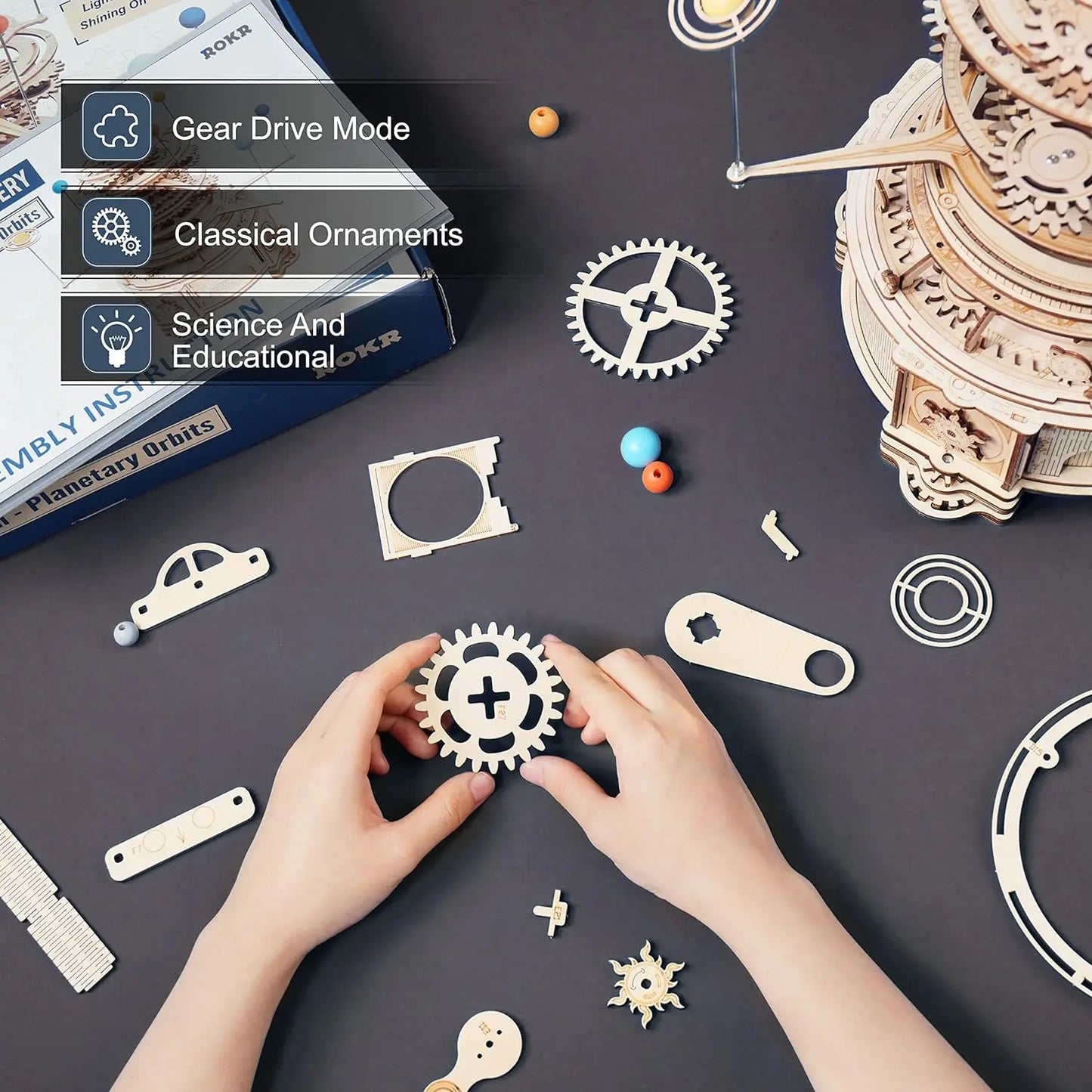 Robotime Rokr 316PCS Rotatable Mechanical Orrery DIY Wooden Model Building Block Kits Assembly Toy Gift for Children Adult ST001