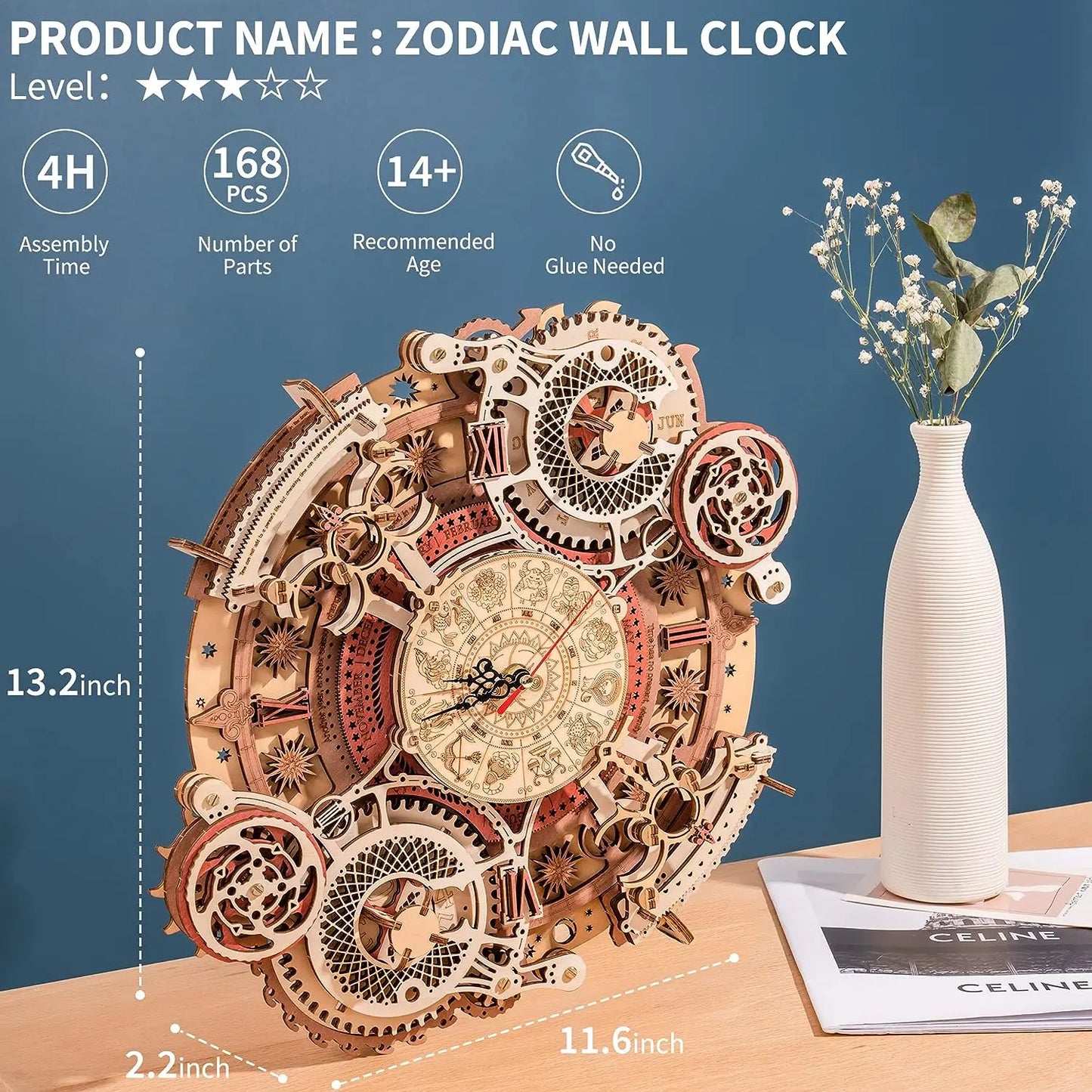 Robotime 3D Wooden Puzzles Wooden Steampunk Clock Kit  DIY Mechanical Wall Quartz Aesthetic Room for Adults