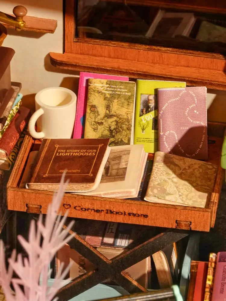 Robotime Rolife Corner Bookstore DIY Miniature House Kit Build Mini House Building Kit with LED Lights Craft Gifts for Kids Girl