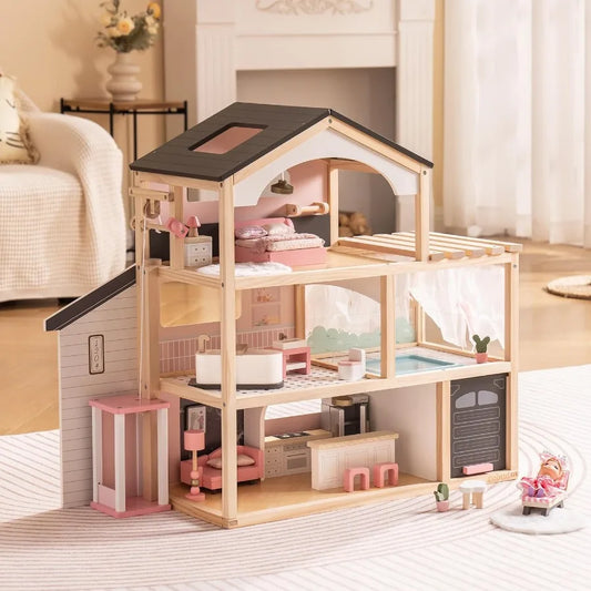 Doll House, Wooden Dollhouse with 6 Rooms, 29-pcs Furniture Set, Working Elevator, Garage, Swimming Pool, Ideal Gift for Kids Ag