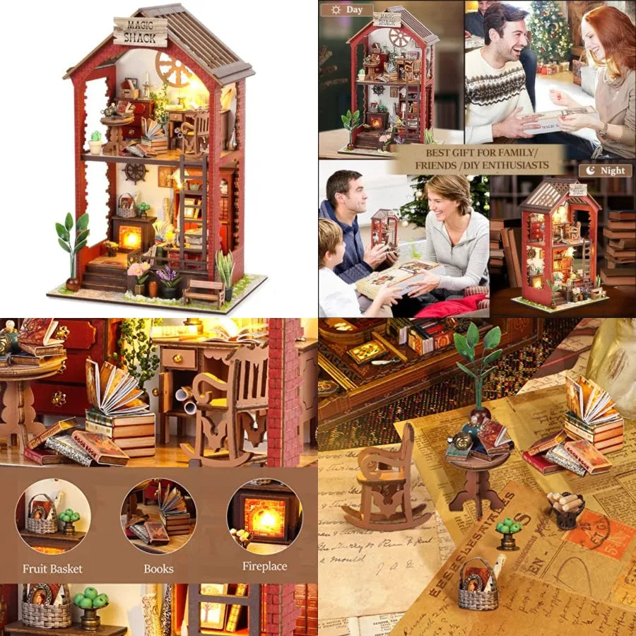 DIY Book Nook Kits for Adults: 3D Wooden Puzzle Bookend Bookshelf Decor with LED Light Miniature House Dollhouse Craft Kit for