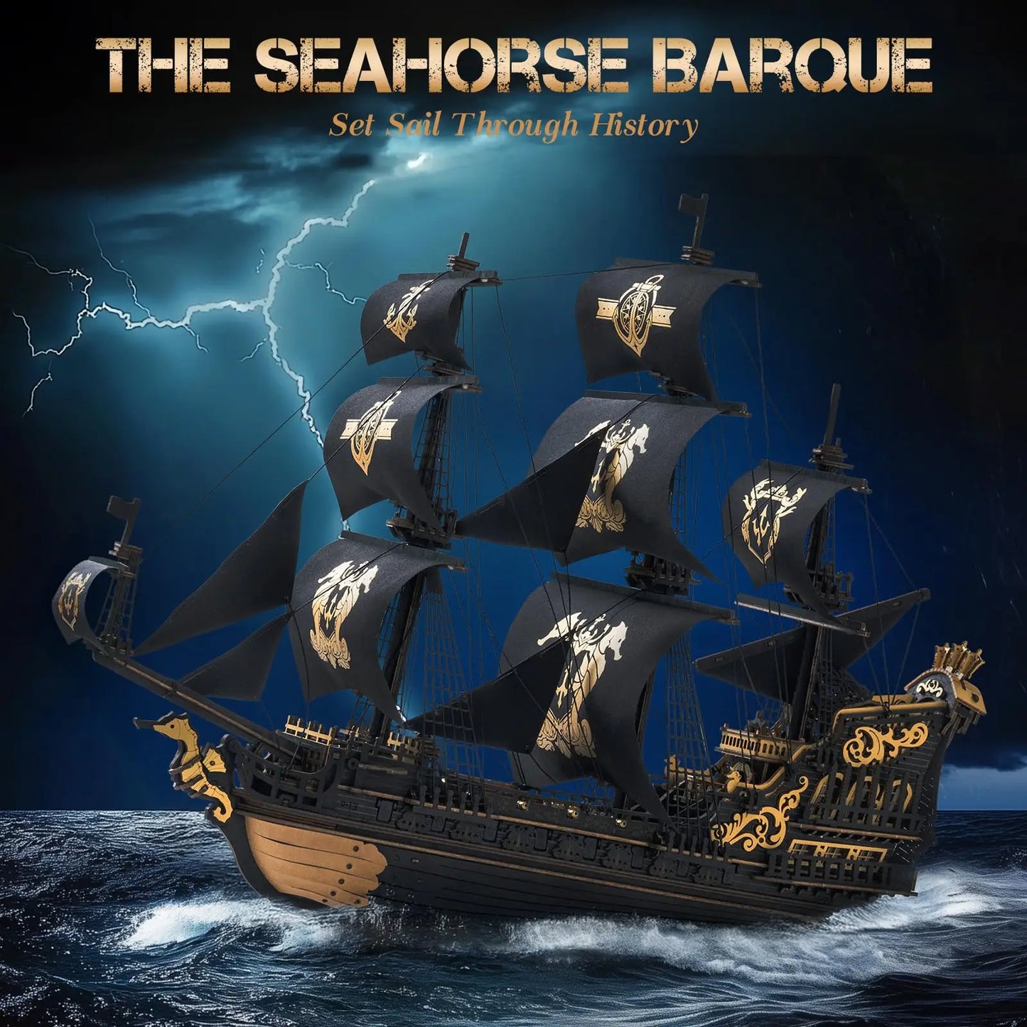 ROBOTIME 3D Wooden Puzzle  Wooden Ship Model Kits for Teens&Adults to Build Home Desk Decoration Gifts (The Seahorse Barque)