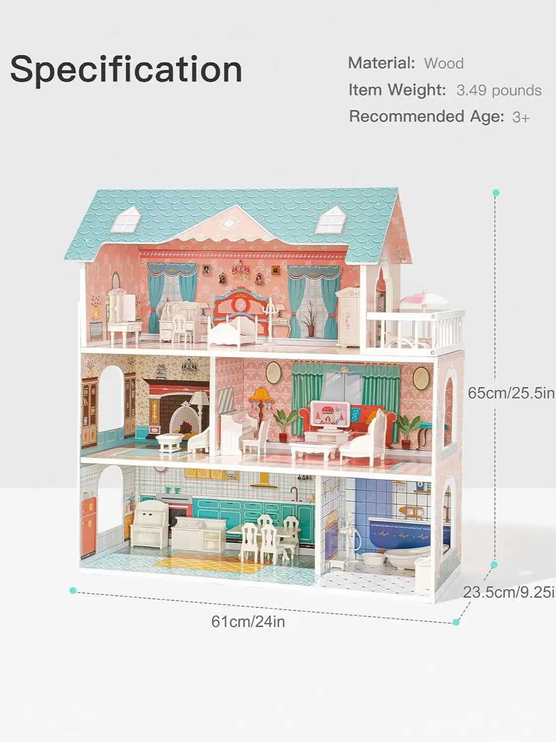 Robotime Robud Wooden Dollhouse 28PCS Furniture Plastic for 3.3”Dolls Birthday Presents for Boy Grils 3+