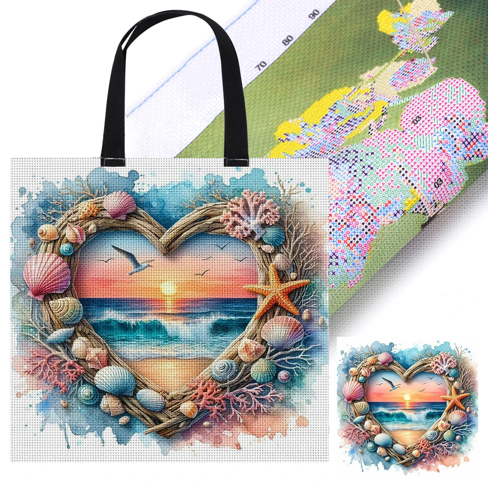 11CT Print Heart-Shaped Beach Scenery DIY Tote Bag Cross Stitch Kits 40x40cm Needlework Embroidery Craft Kit for Kids Adults