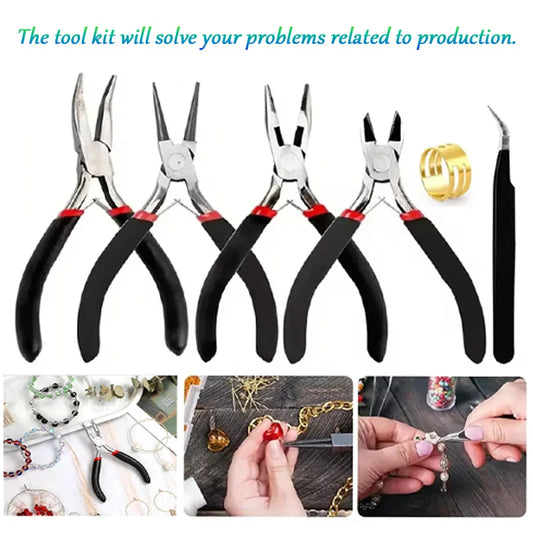 6-Piece Black Jewelry Pliers Set - Pointed/Chain/Round-Nose Pliers & Wire Cutters for DIY Bracelet Weaving, Jewelry Crafting