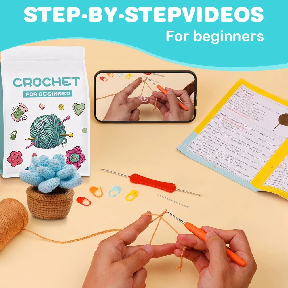 4Pcs Potted Plants Crochet Starter Kit DIY Crochet Set with Step-by-Step Video Tutorials for Beginners Adults