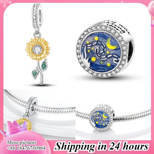 Abalorios de Galaxia Brillantes con Circonita Cúbica (Plata 925) – Diseño de Girasol