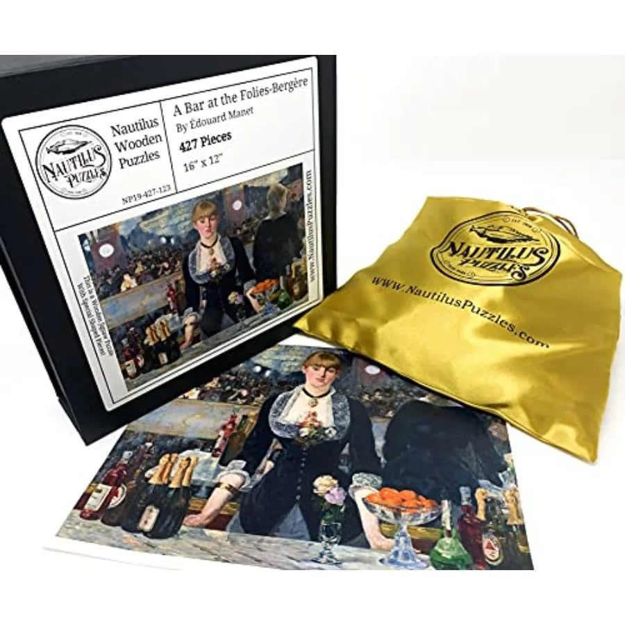 Wooden Jigsaw Puzzle A Bar at The Folies Bergere by Edouard Manet 427 Pieces. Made in USA by Nautilus Puzzles