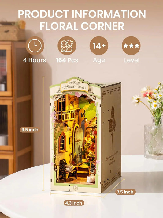 Robotime Rolife Floral Corner Book Nook 3D Wooden Toys Home Book Shelf Decoration DIY Miniature House Gifts for Family