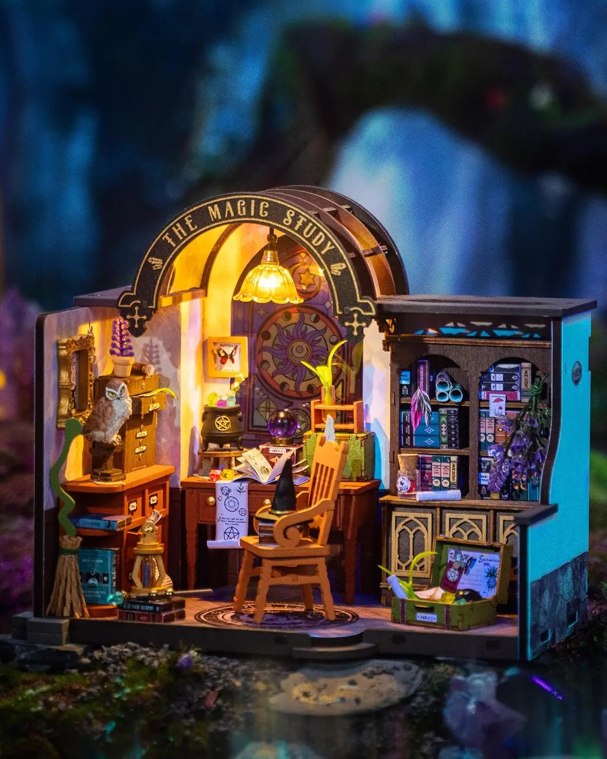 Robotime DIY Miniature House Kit-The Magic Study kit with LED and Furniture Wooden Dollhouse Model Building Kit Gift for Adults