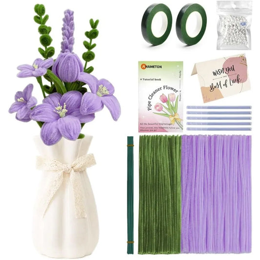 480PCS Purple Pipe Cleaners Flower Kit with Floral Wires Floral Tape and Pearl Beads Fluffy Pipe Cleaners Craft Supplies DIY Fl