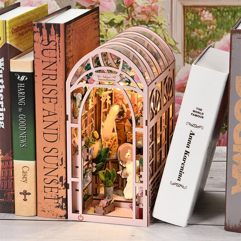 Book Nook Kit Sunlight Room Dollhouse Greenhouse Booknook 3D Wooden Puzzle Miniature Doll House For Bookshelf Insert Furniture
