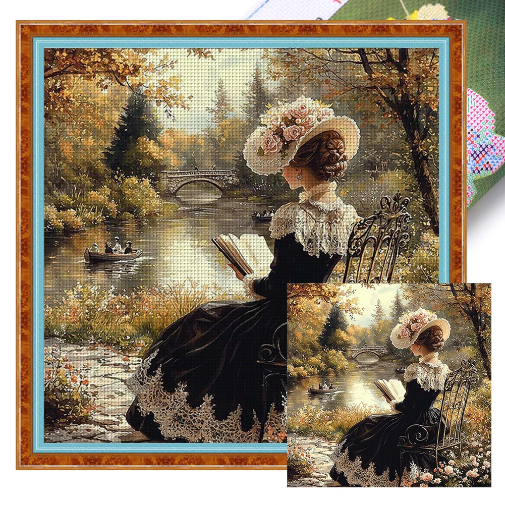Full Embroidery Eco-cotton Thread 11CT Printed Girl Cross Stitch Kit Art 50x50cm