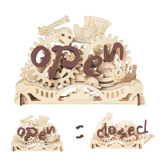Robotime 3D Wooden Model Kits Open Closed Sign Mechanical Kits Wooden Puzzle Creative Gift for Business and Shop for Adults