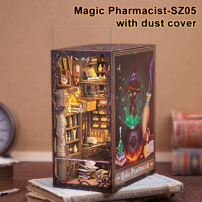CUTEBEE Puzzle 3D DIY Book Nook Kit Eternal Bookstore Wooden Dollhouse with Light Magic Pharmacist Building Model Toys for Gifts