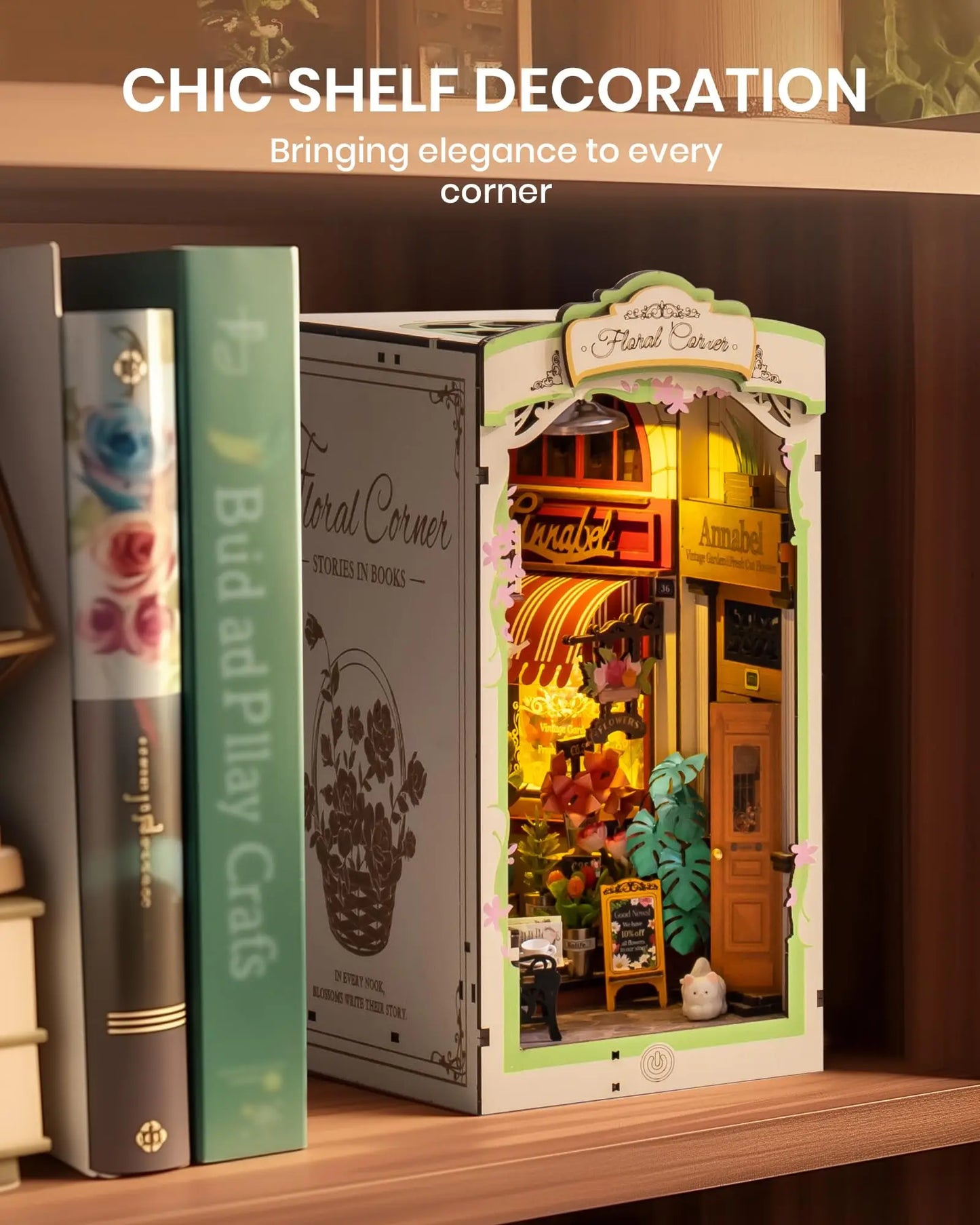 Robotime Rolife Floral Corner Book Nook 3D Wooden Toys Home Book Shelf Decoration DIY Miniature House Gifts for Family