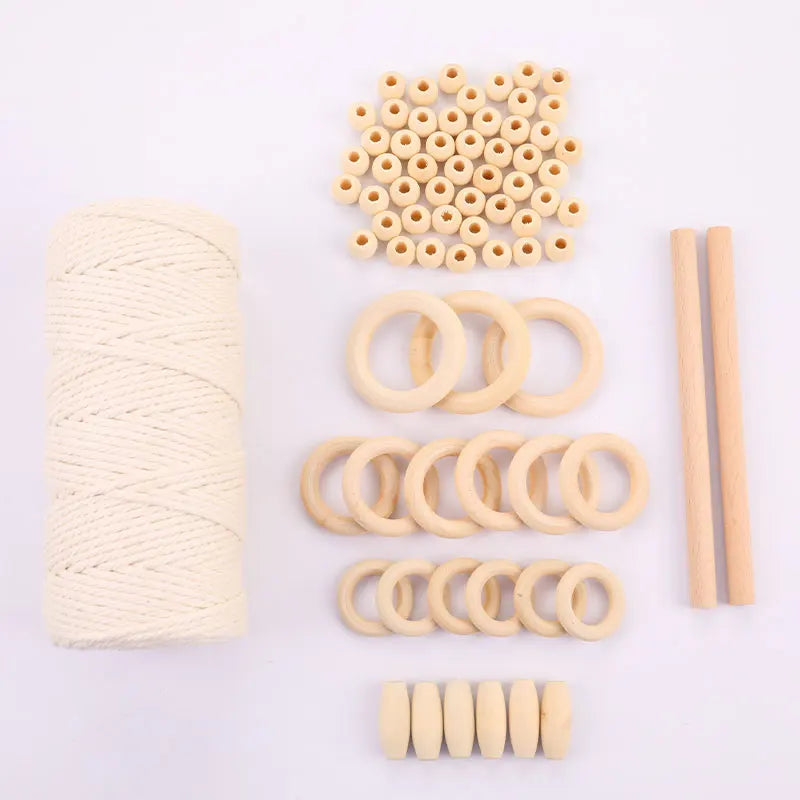 1Set Macrame Cord Cotton Rope With Wood Ring Wooden Beads For DIY Wall Hanging