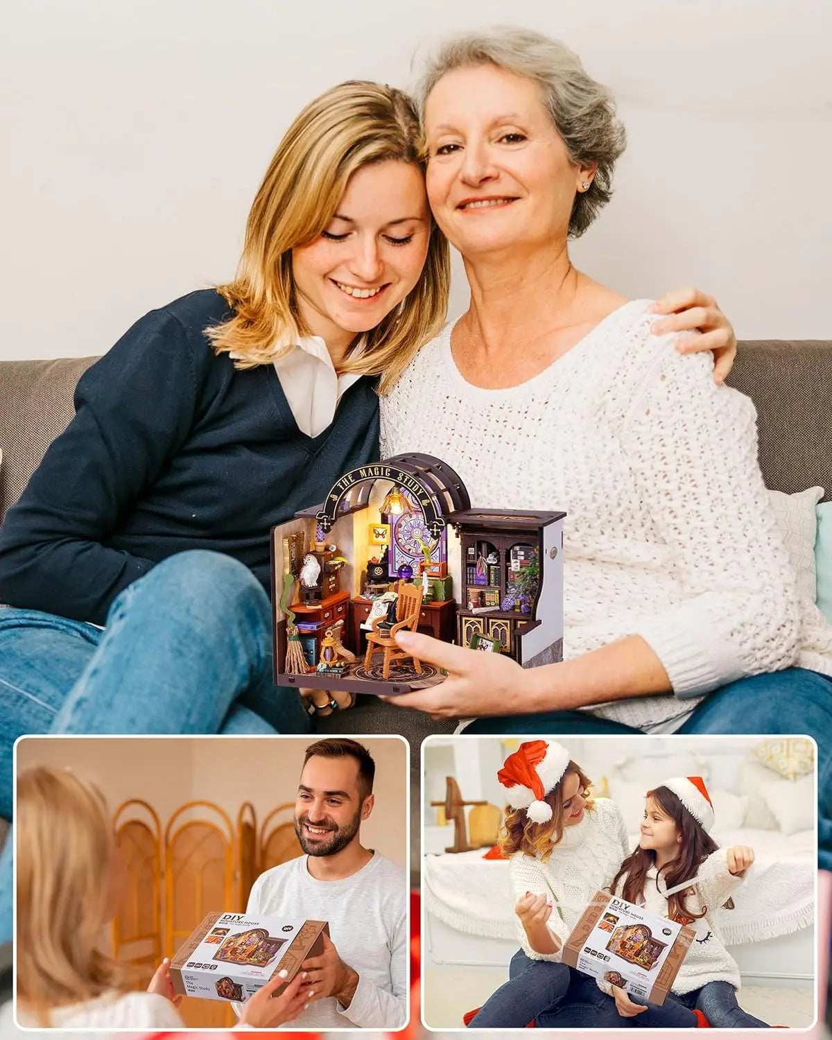 Robotime DIY Miniature House Kit-The Magic Study kit with LED and Furniture Wooden Dollhouse Model Building Kit Gift for Adults