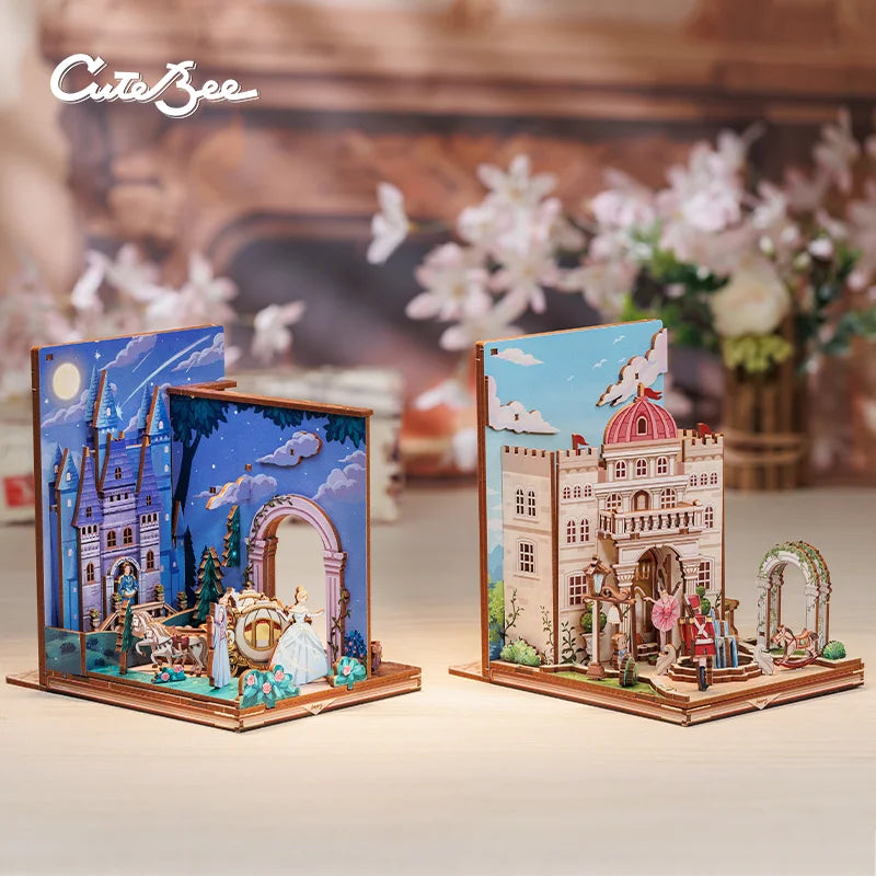 CUTEBEE 3D Bookends DIY Dollhouse Wooden Bookshelf Insert Book Nook Decoration 3D Puzzle Toy for Gifts Fairy town