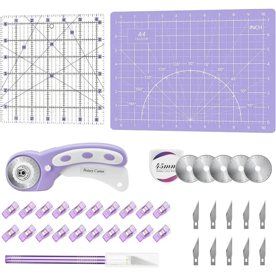 Headley Tools 39 Pcs Rotary Cutter Set - Quilting Kit with 45mm Fabric Cutter 5 Extra Blades A4 Cutting Mat 2 Craft Knife Set S