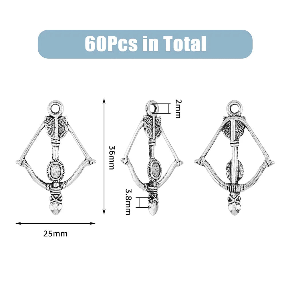 60PCS Tibetan Style Alloy Pendants Bow and Arrow Charms Antique Silver Archery Necklace Charms Arrow Beads Charms Collection
